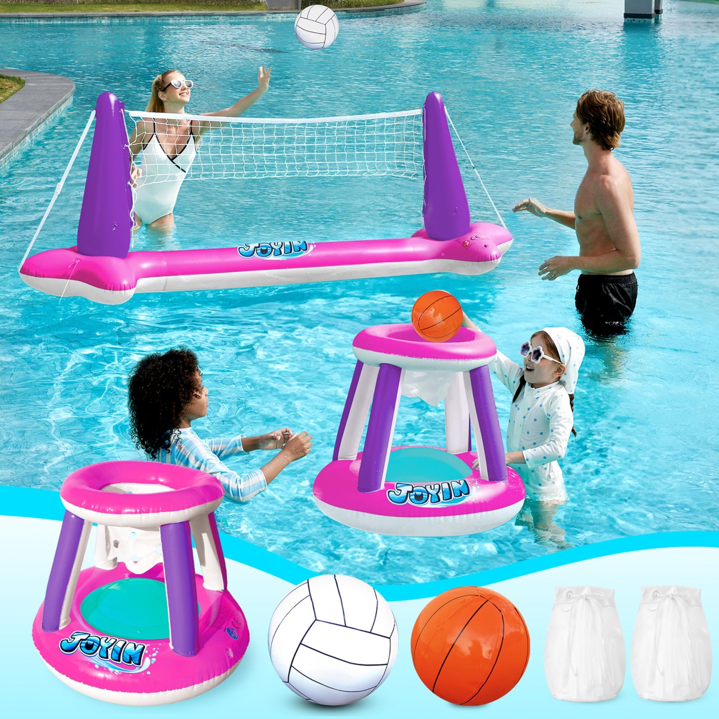 Joyin Inflatable Pool Float Set Volleyball Net & Basketball Hoops, Floating Swimming Game Toy Floaties For Kids And Adults Volle