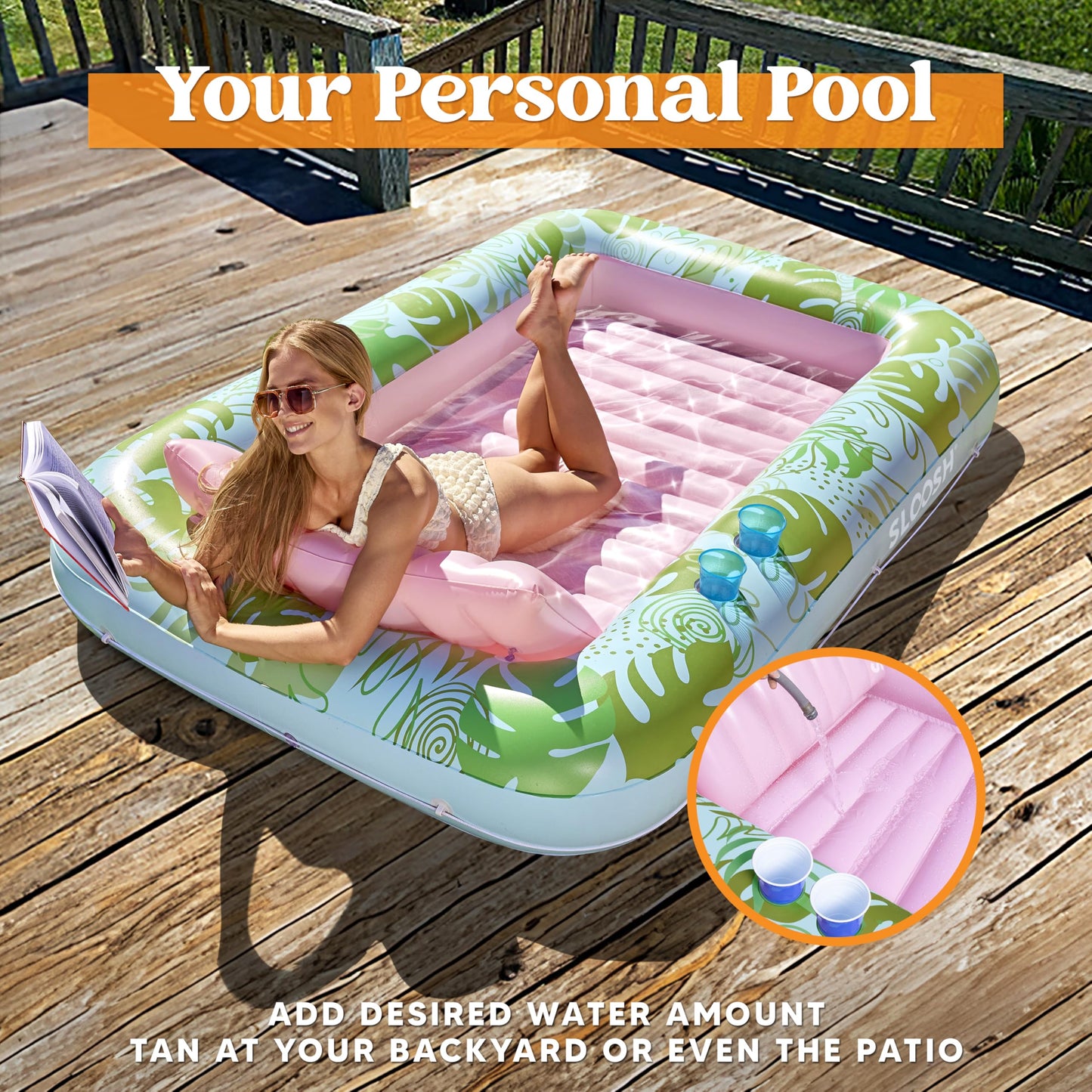 Sloosh Xl Inflatable Tanning Pool Lounger Float For Adults, 85' X 57' Extra Large Suntan Tub Pool Floats Sun Tan Tub Ice Bath Tub Tanning Bed Blow Up Pool Raft Lounge Floatie, Xl-Cyan Pink