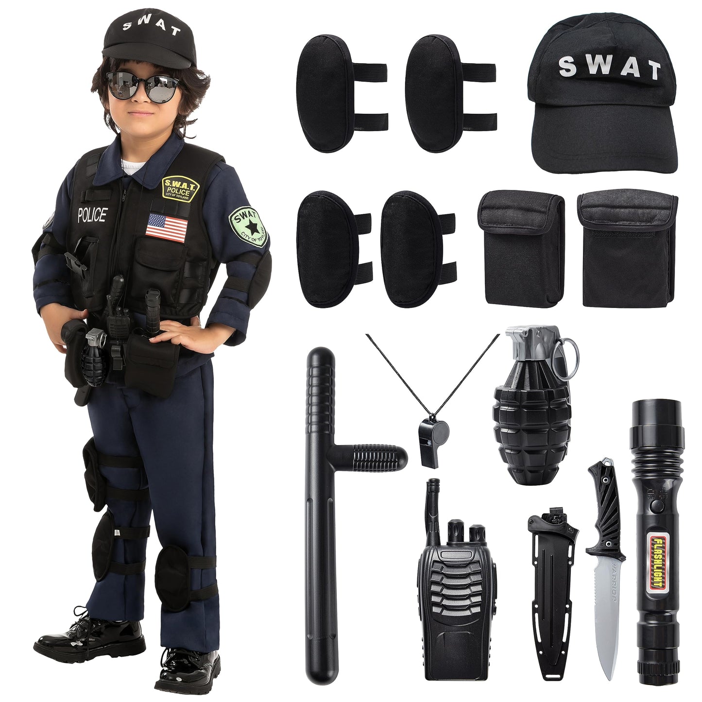 Spooktacular Creations Police Swat Costume For Kids, S.W.A.T. Police Officer Costume For Halloween Cosplay, Role-Playing, Carnival Cosplay, Themed Parties(Large(10-12 Yr))