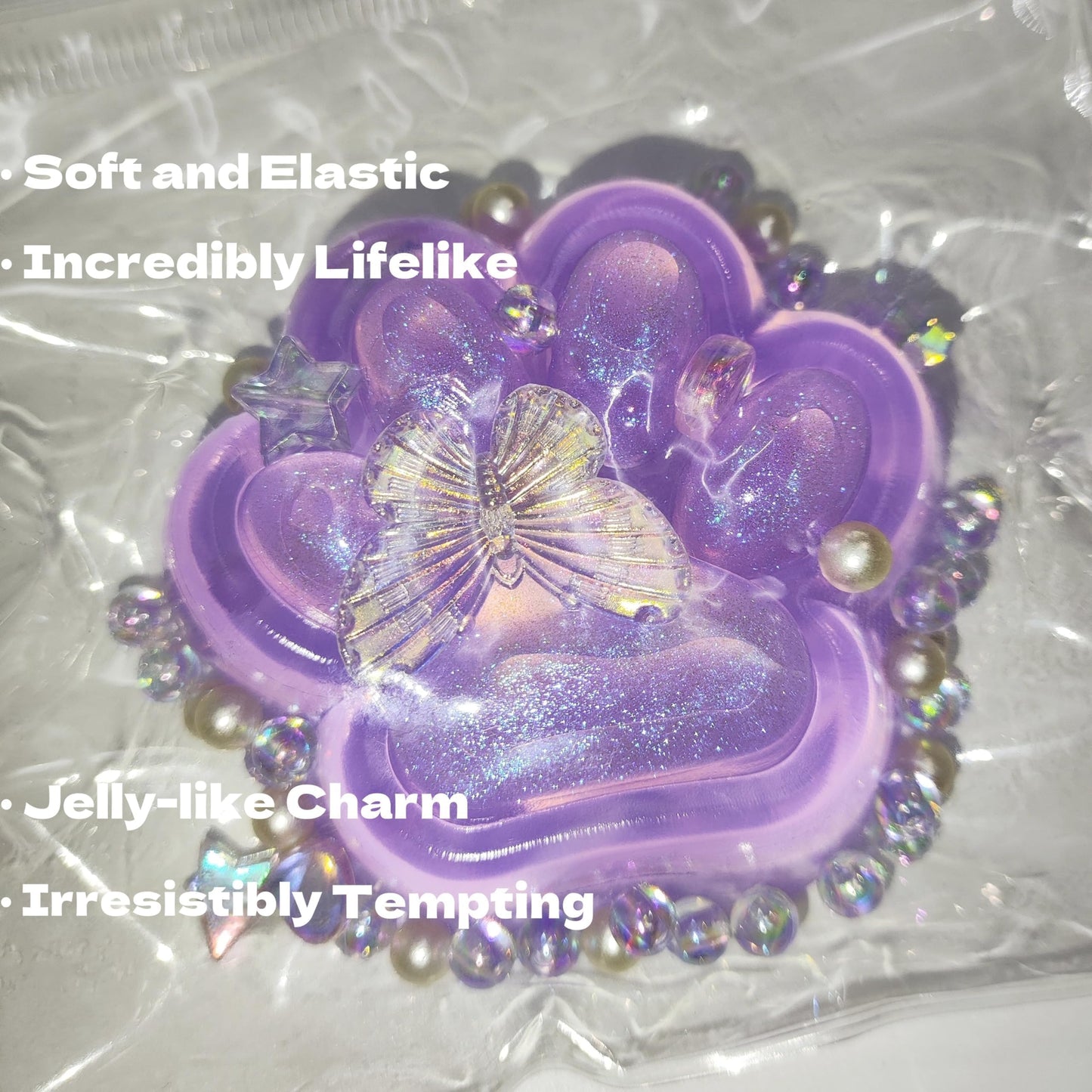 2.76 Inch Squeeze Toys Cat Paw Handmade Squeeze, Purple Glitter Transparent Squeeze Paw, Cute Soft Squeeze For Stress Relief, Fi
