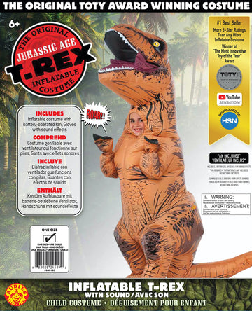 Rubies Fun Inflatable Original T-Rex Dinosaur Costume For Kids, With Sound, For Themed Party and Halloween, Standard Size