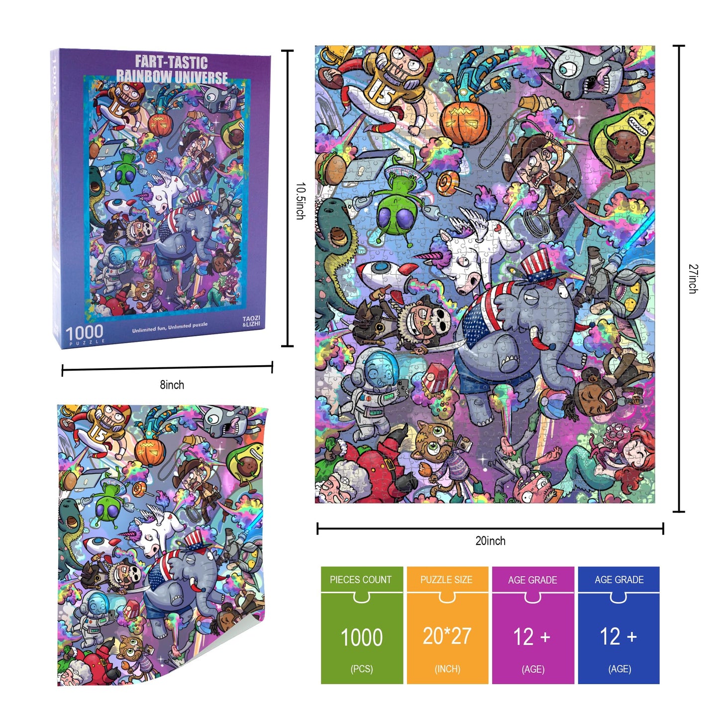 Taozi&Lizhi The Original 1000 Piece Puzzle, Fart-Tastic Rainbow Universe, No Dust Leisure Animal Puzzle, Colorful Funny Art Puzz