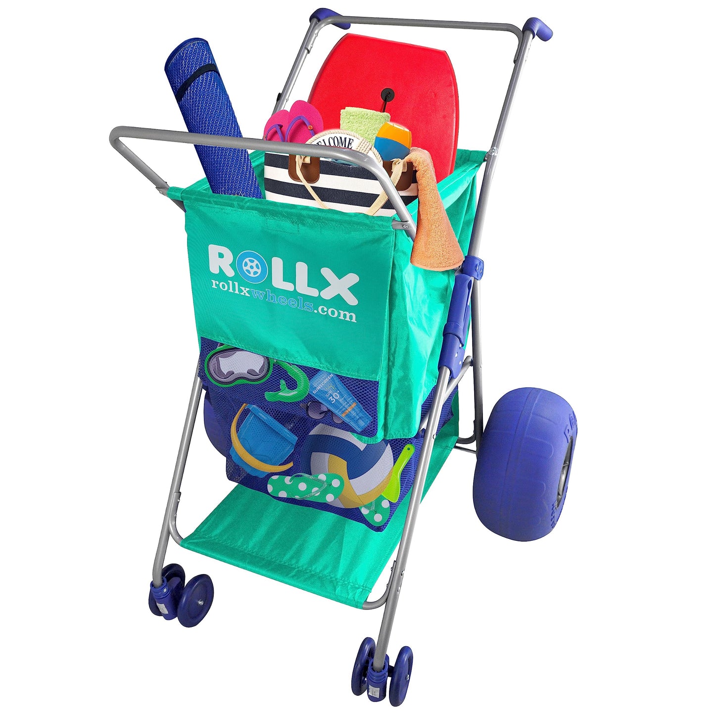 Rollx Beach Cart With Big Balloon Wheels For Sand, Foldable Storage Wagon With 13 Inch Beach Tires (Pump Included) (Seafoam)