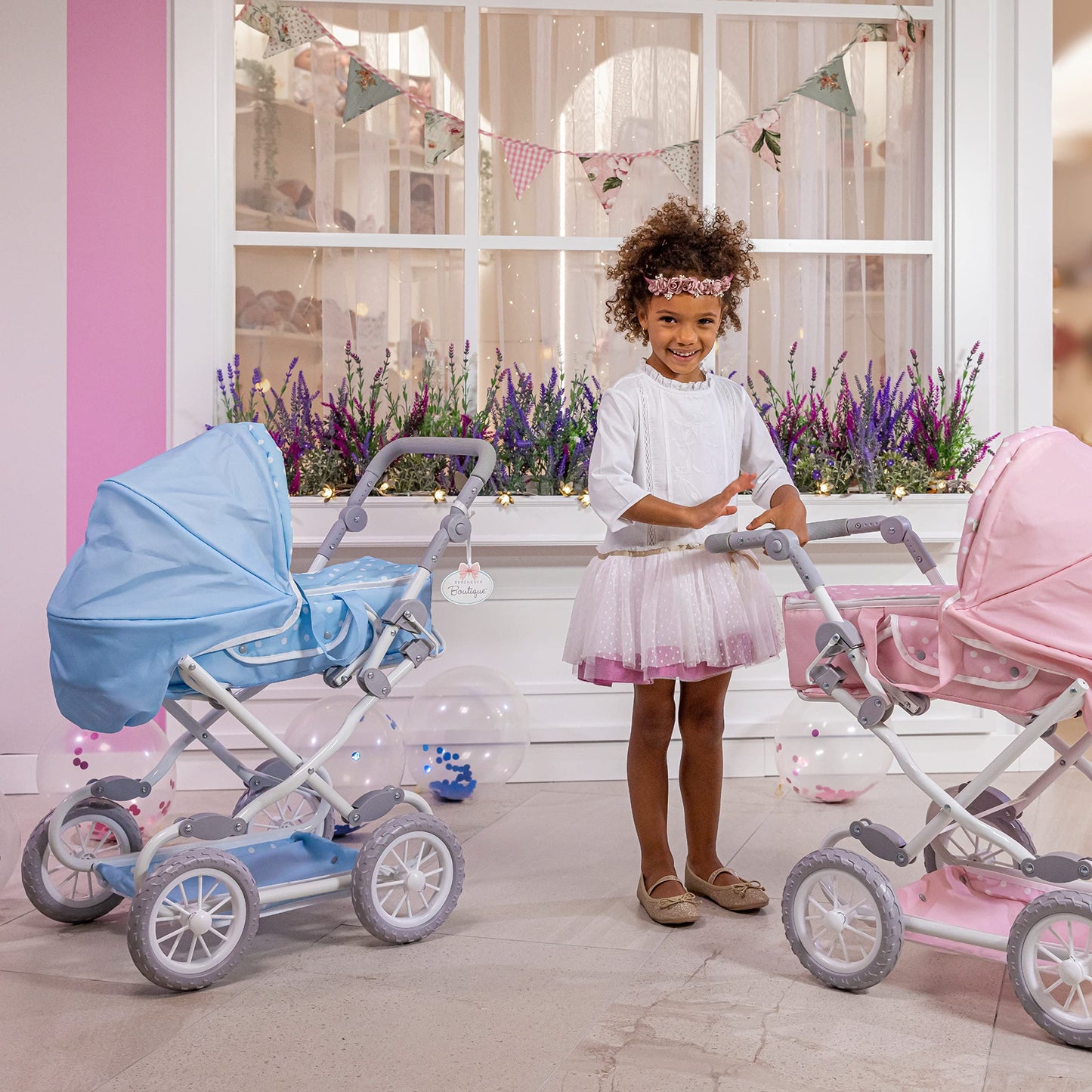 Jc Toys | Berenguer Boutique | Deluxe Foldable Baby Doll Stroller With Canopy | Removable Carry Basket | Blue | Ages 3+