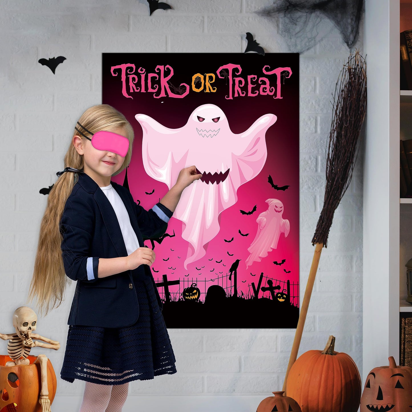 Pin The Mouth On The Ghost Halloween Party Game For Kids Ghost Poster With 24 Pieces Mouth Stickers And A Blindfold For Hallowee