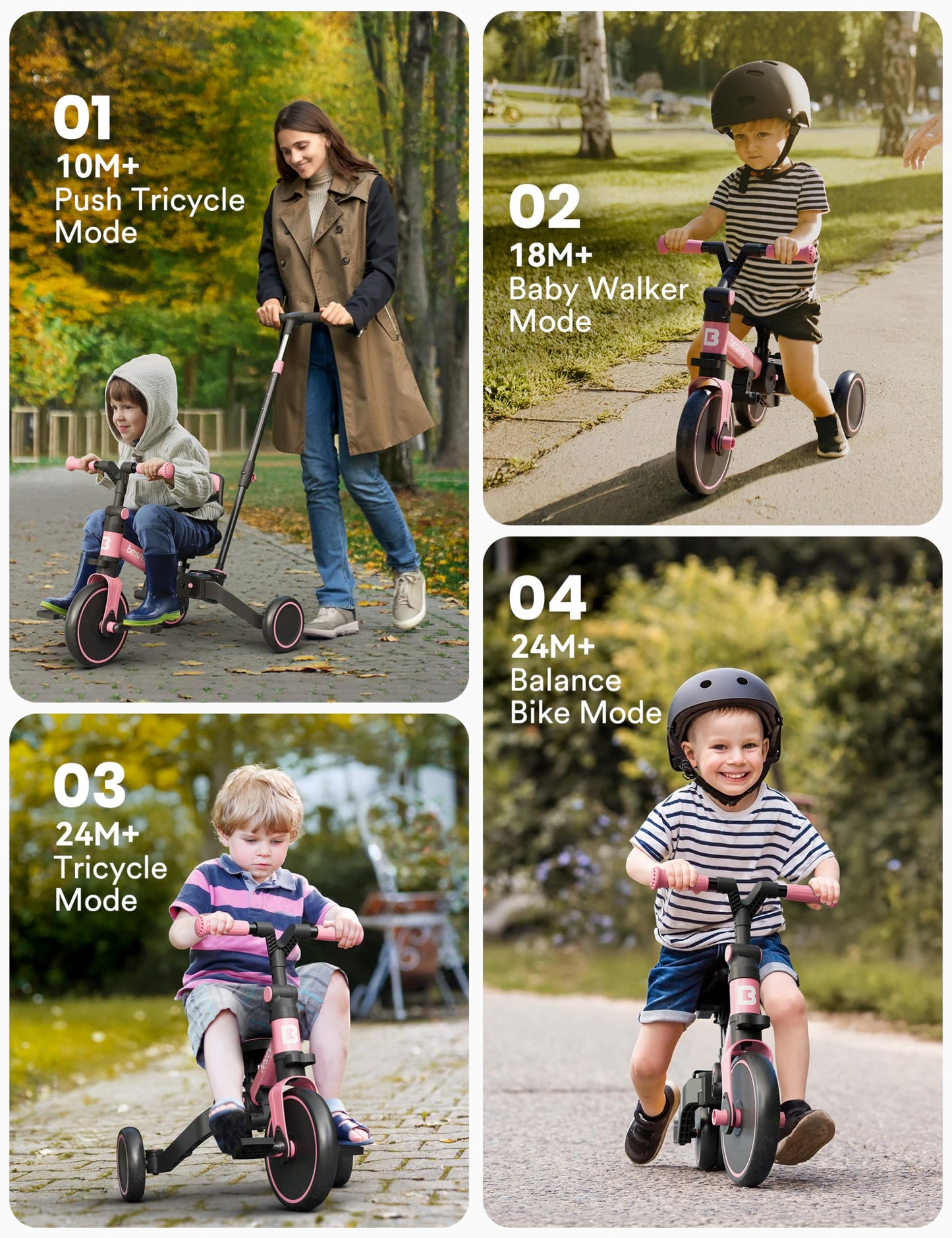 besrey 5 in 1 Toddler Bike, Toddler Tricycle for 1-3 Year Old, Trike with Push Handle, Backrest and Safety Belt, Birthday Gifts