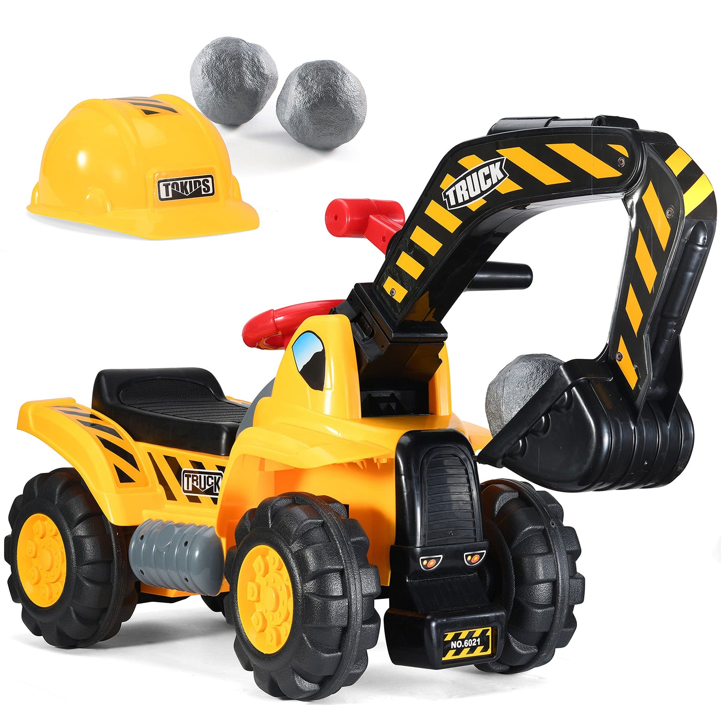 Play22 Toy Tractors for Kids Ride On Excavator - Music Sounds Digger Scooter Bulldozer Includes Helmet with Rocks - Pretend Play
