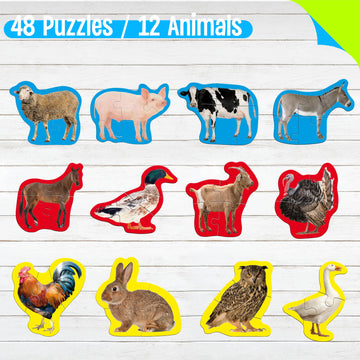 12 Pack Realistic Animal Puzzles, 48 Pieces Step-By-Step Animal Jigsaws, Farm Animal Jigsaw Puzzles With Back Footprint Guide Ea