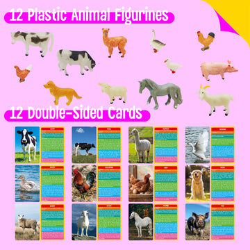 12 Pcs Farm Animal Figurines With 12 Introducing Flashcards, Realistic Farm Animals Playset Montessori Toys Science Educational Matching Game For Homeschool Preschool Toddler Kids