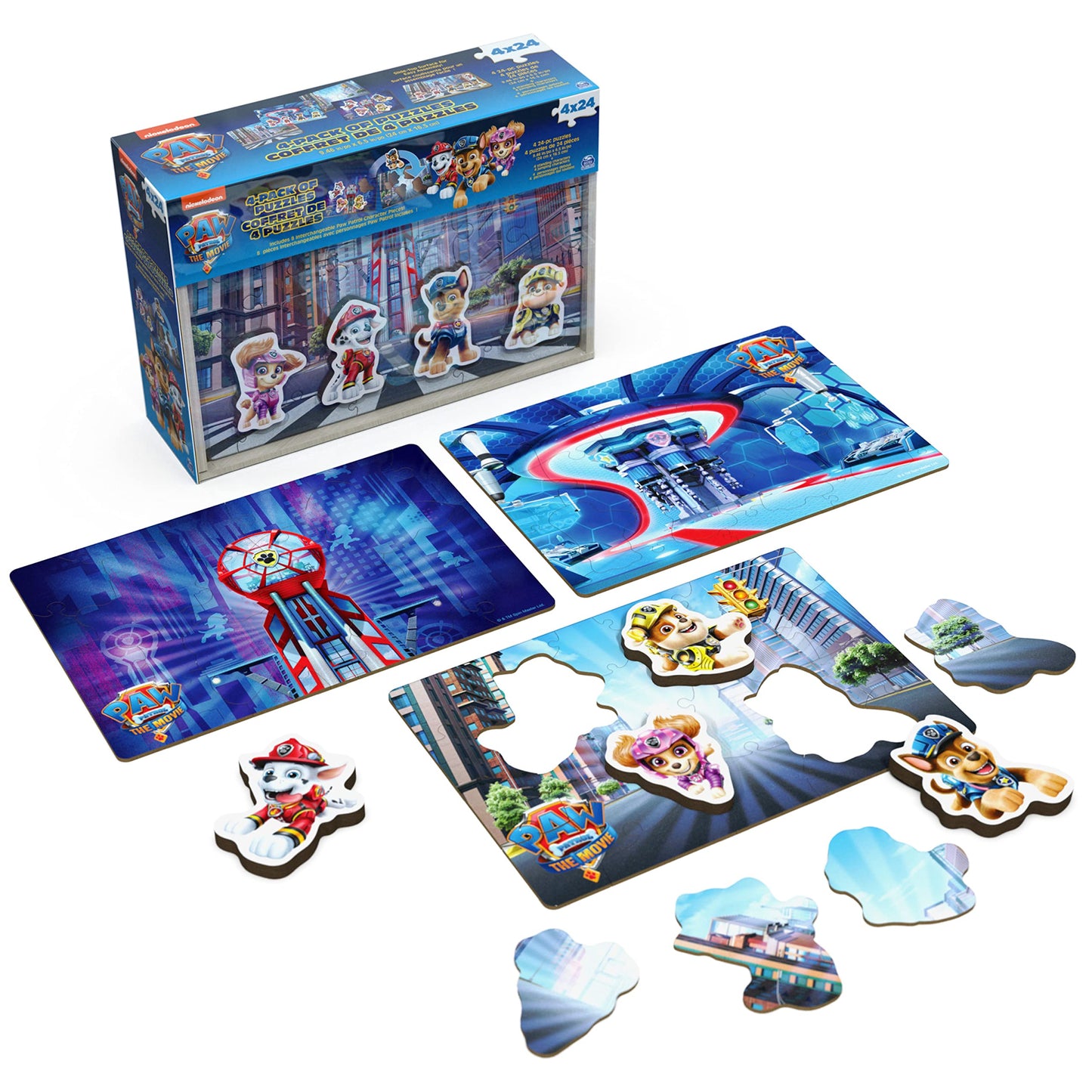 Paw Patrol: The Movie 4 Pack Of Wooden Puzzles For Kids 24-Piece Jigsaw Puzzles With Interchangeable Characters For Preschoolers