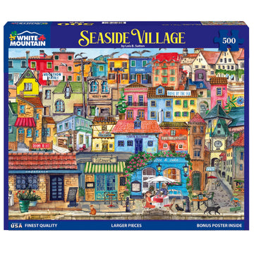 White Mountain 500 Piece Jigsaw Puzzle - Seaside Village, Italy, Engineered Wood, Blue & White, Model 1776pz