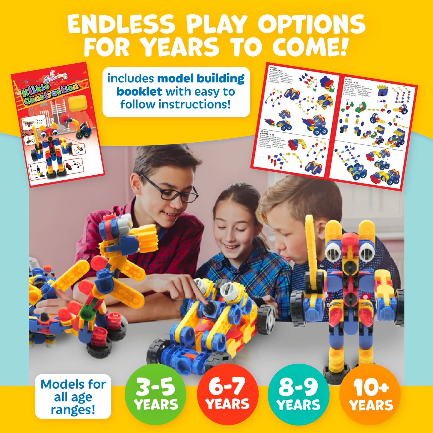 Skoolzy Klikio 8 In 1 Construction Building Engineering Toys 98 Piece Kit - Stem Bin Toys For Ages 7+, Includes Storage Bag And Booklet With Building Designs