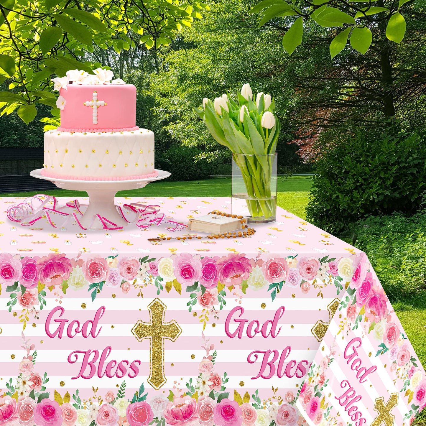 Bkeecten 3 Packs Pink Baby Girl Baptism Party Tablecloths Decorations Flower Theme Disposable Plastic Waterproof Rectangle God B