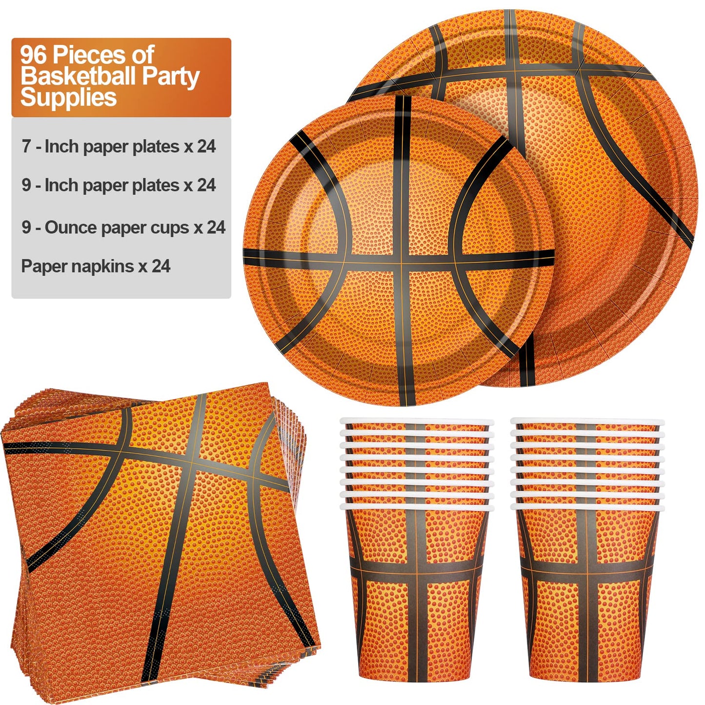 Durony 96 Pieces Basketball Party Supplies Birthday Party Tableware Including Paper Plates, Cups, Napkins For Basketball Birthda