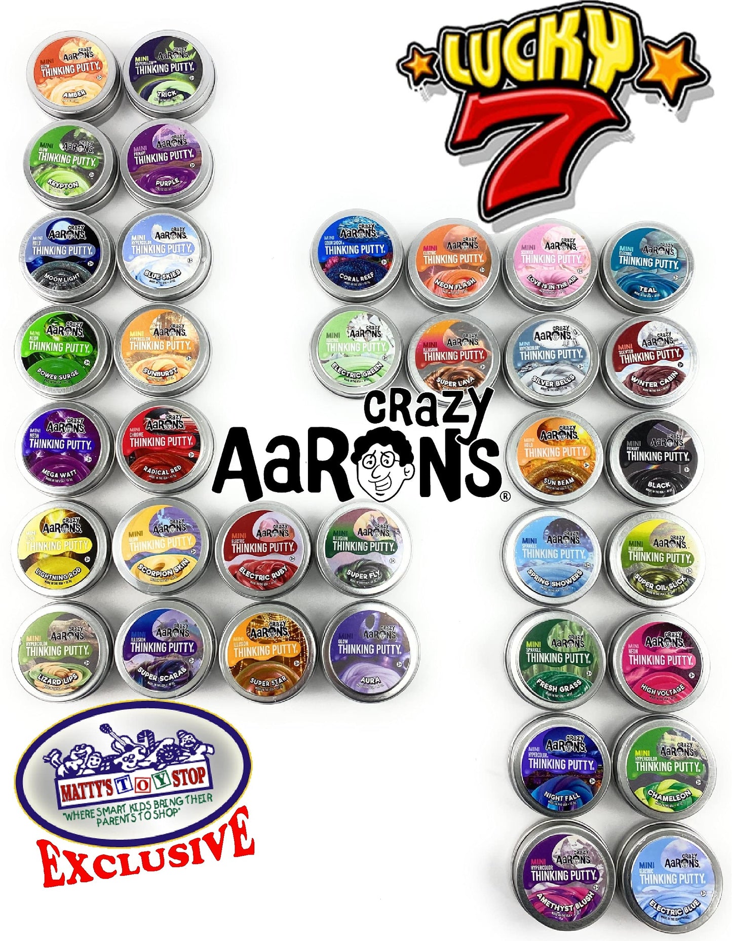 Matty'S Toy Stop Crazy Aaron'S Putty Mini Tins Lucky 7 Surprise Gift Set Party Bundle - 7 Pack (.47Oz Each) Assorted Colors