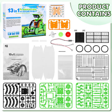 Bottleboom STEM 13-in-1 Solar Power Robot Toys, Educational Science Kits for Ages 8-12, Small, Green, Plastic