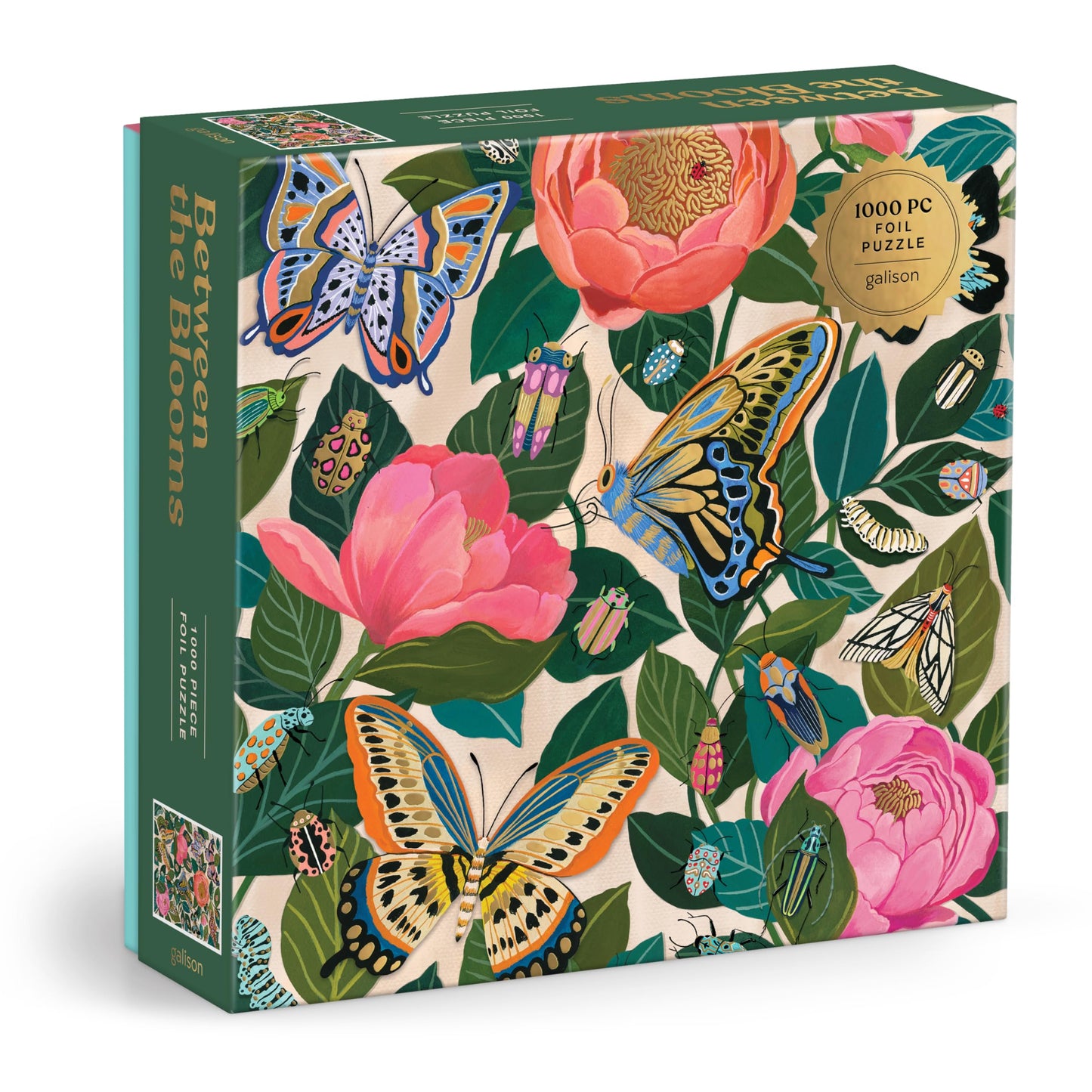 Galison Between The Blooms - 1000 Piece Foil Jigsaw Puzzle Featuring Beautiful Artwork of Butterflies Nestled in Blooming Flower