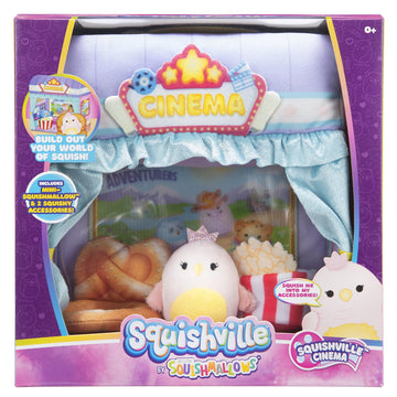 Squishville Mini-Squishmallows Cinema Playset - 2-Inch Plush, Multicolor, Includes Pretzel Chair & Popcorn Bucket, Model SQM0154