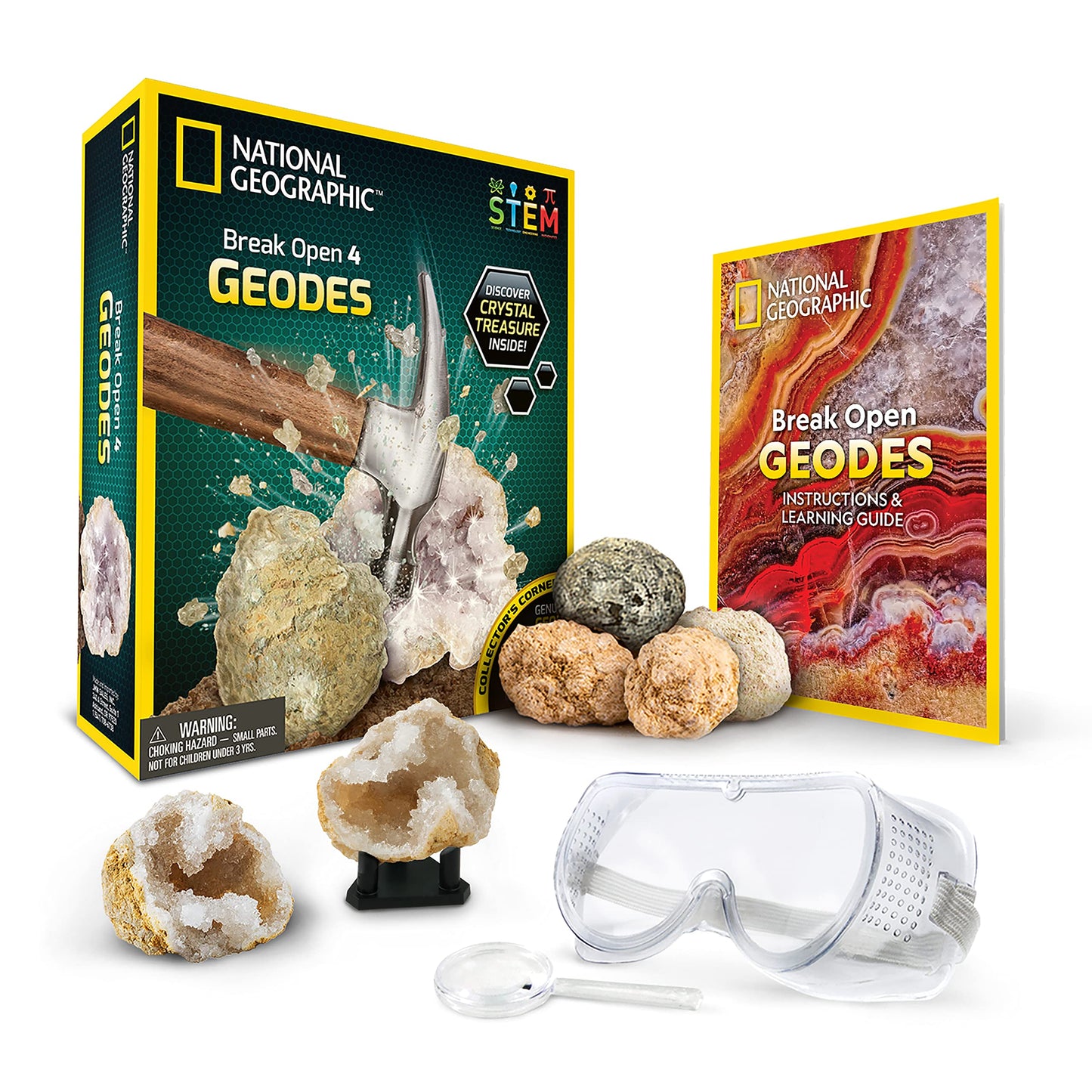 National Geographic Break Open 4 Geodes Science Kit – Includes Goggles And Display Stand - Stem Science Gift For Boys And Girls, Break Your Own Geodes With Crystals (Amazon Exclusive)
