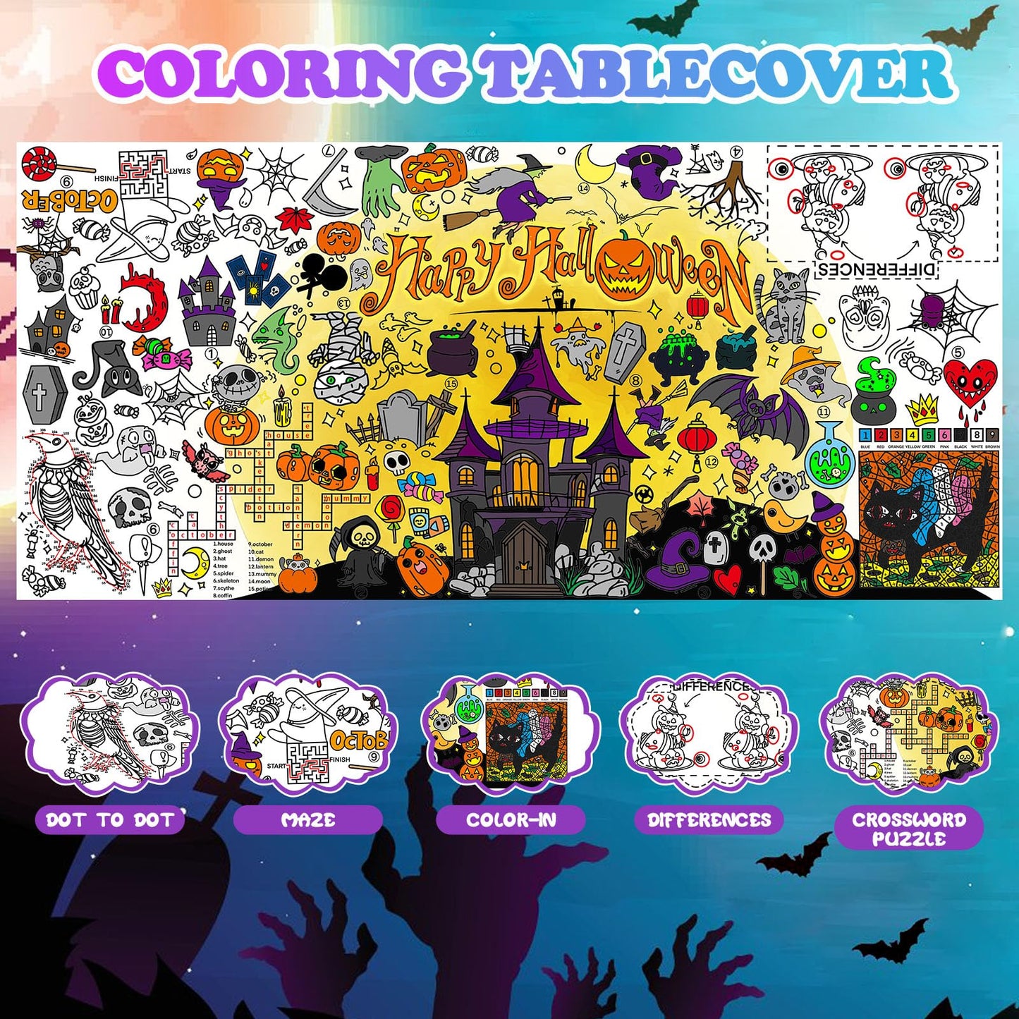 Padtic Halloween Giant Coloring Poster,35X72 Inches Large Drawing Paper Coloring Tablecloth,Diy Halloween Art Crafts Coloring Ta
