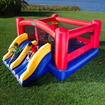 Blast Zone Triple Play Inflatable Combo Bounce House - Massive 16x14 - Blower - enhanced Quality - 7 Players - Double Slides
