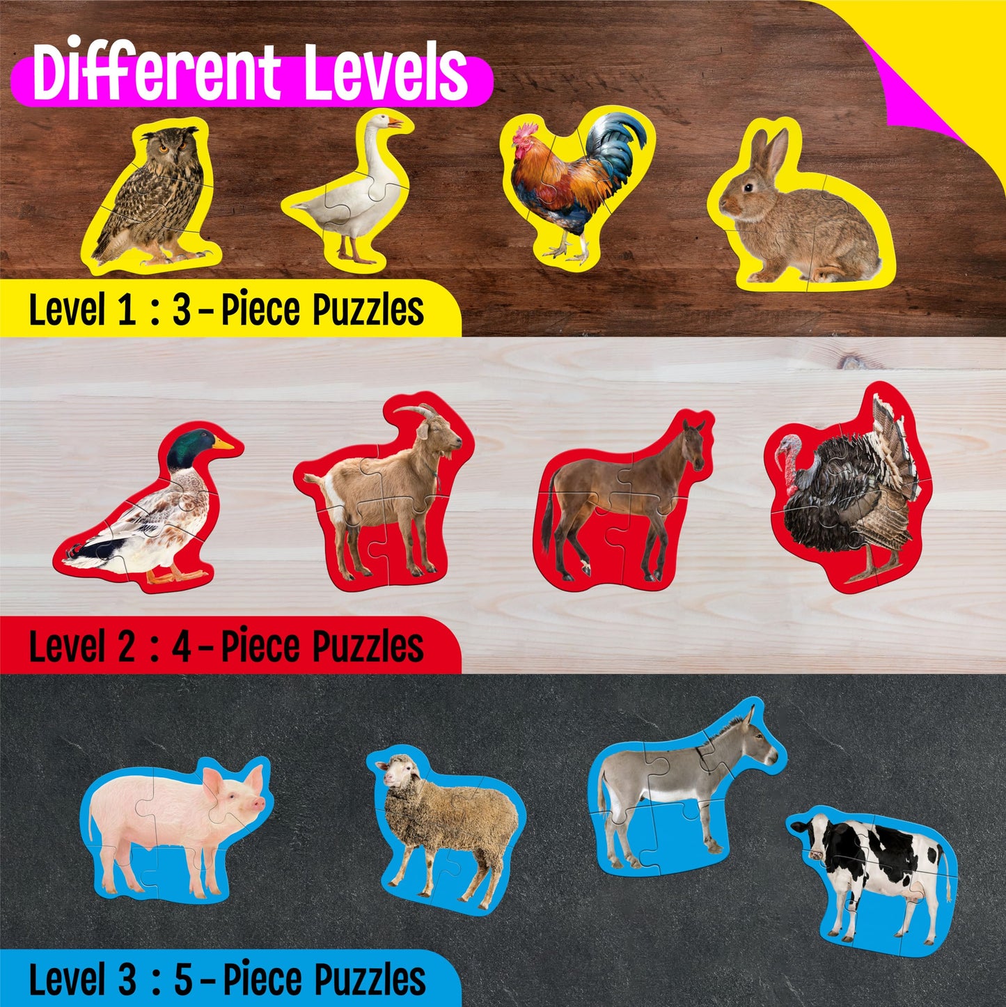 12 Pack Realistic Animal Puzzles, 48 Pieces Step-By-Step Animal Jigsaws, Farm Animal Jigsaw Puzzles With Back Footprint Guide Ea