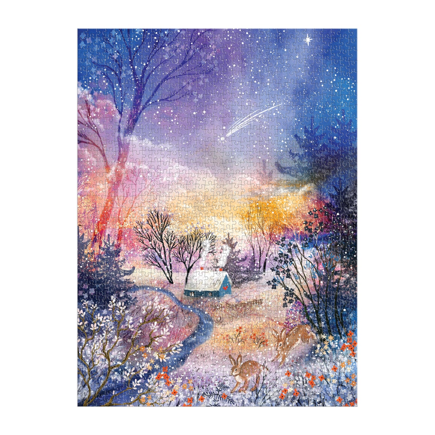 Galison Enchanted Snowfall - 1000 Piece Foil Jigsaw Puzzle Featuring A Beautiful Snowy Winter Landscape Under The Starry Sky