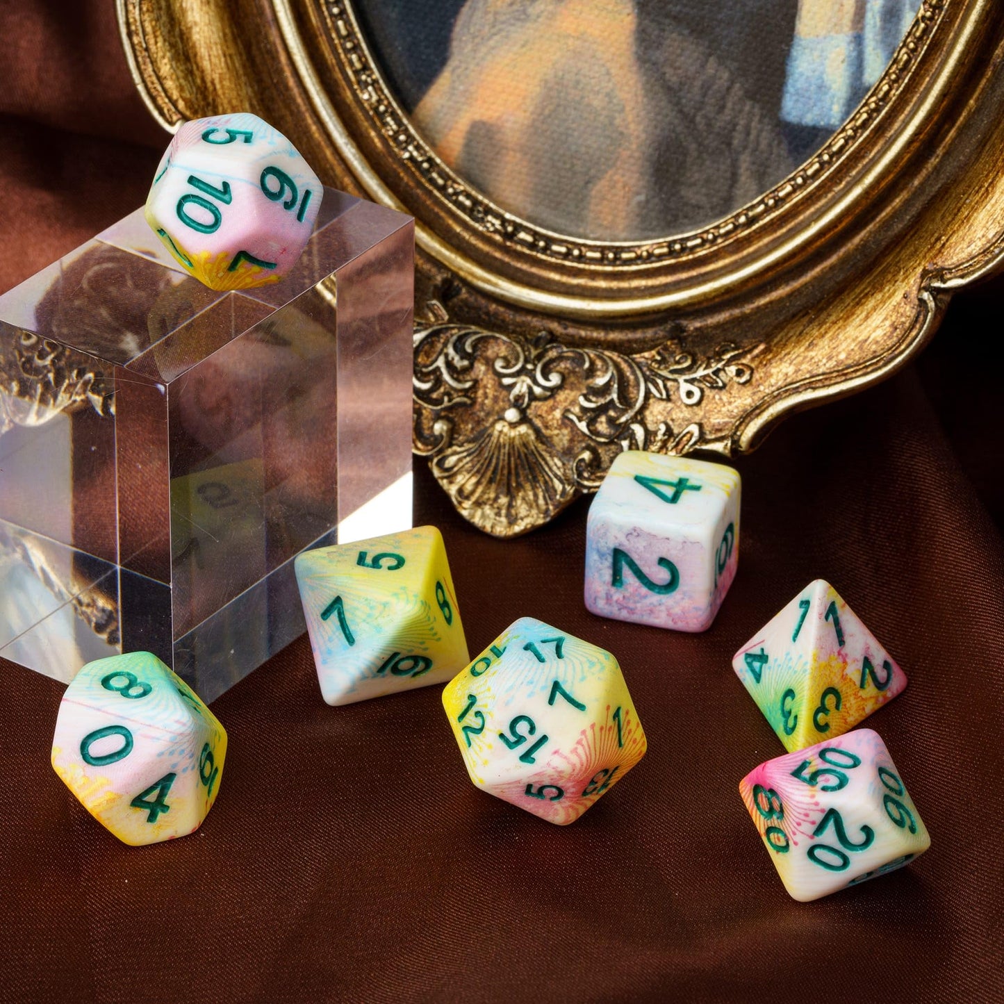 HDdais DND Dice Set, 7PCS Dandelion Flower Pattern Polyhedral Dice Set for Dungeons and Dragons, D&D Dice with Green Number for