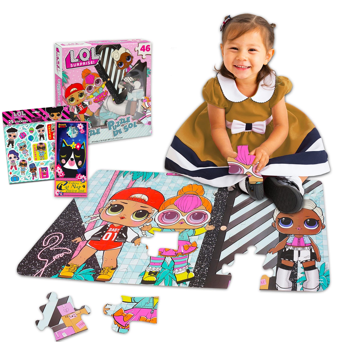 Lol Surprise Puzzle Box Bundle For Kids 3 Foot Puzzle 46 Pieces With Reward Stickers And Cat Door Hanger