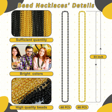 120 Pcs Beaded Necklace, 33 In Mardi Gras Beads, Blackgold Mardi Gras Accessories, Bead Necklace Throw Beads Bulk For Party Para