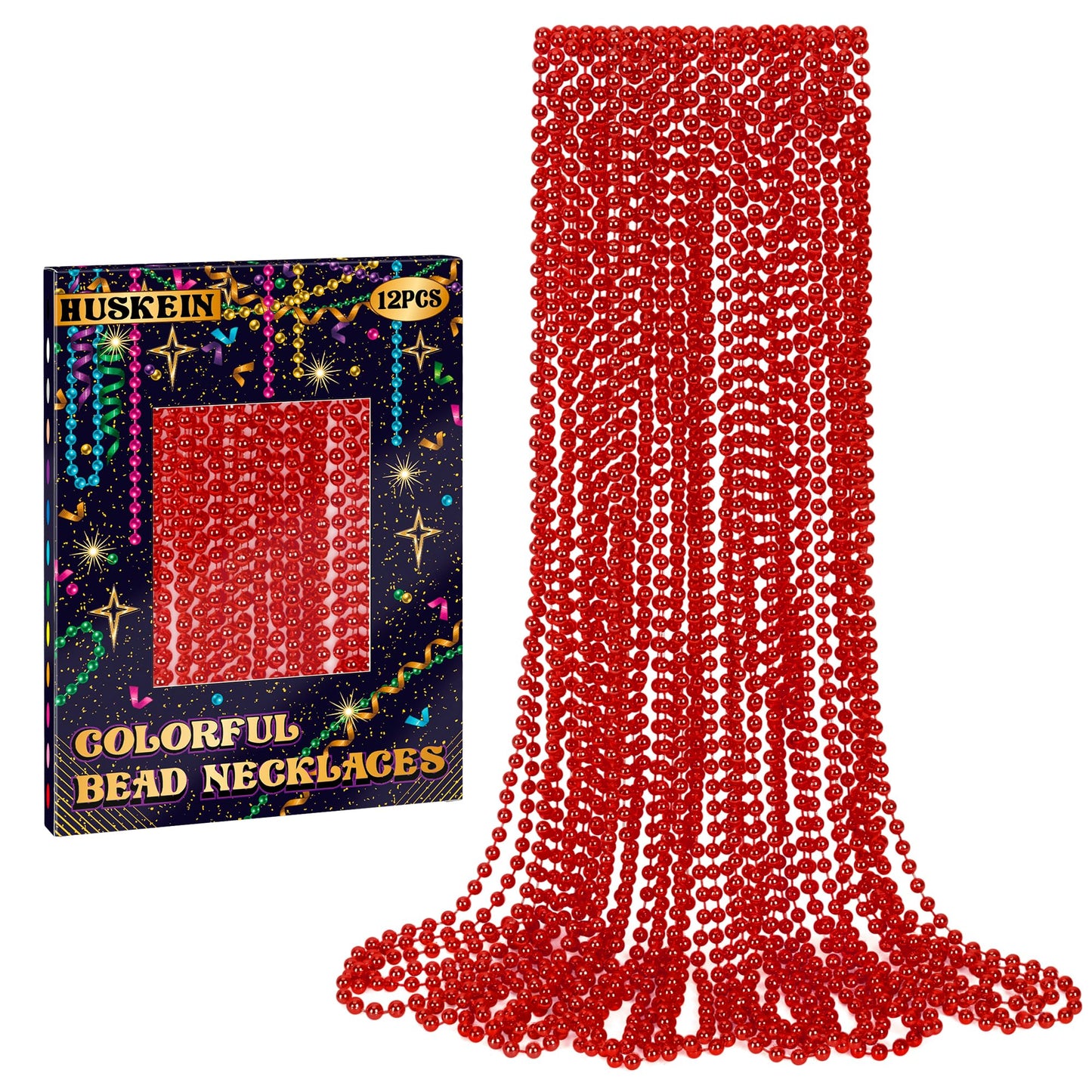 12 Pcs Red Bead Necklace, 33'' Red Christmas Beads Necklaces, 33'' Valentines Beaded Stuff, Mardi Gras Beads Throws, Round Beads