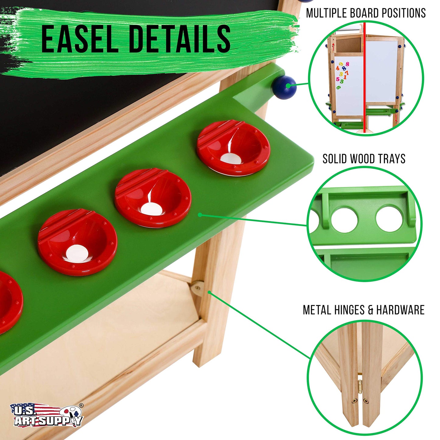 U.S. Art Supply Childrens 3-Sided Art Activity Easel with Chalkboard, Large Paper Roll, Shelf & Plastic Paint Cups