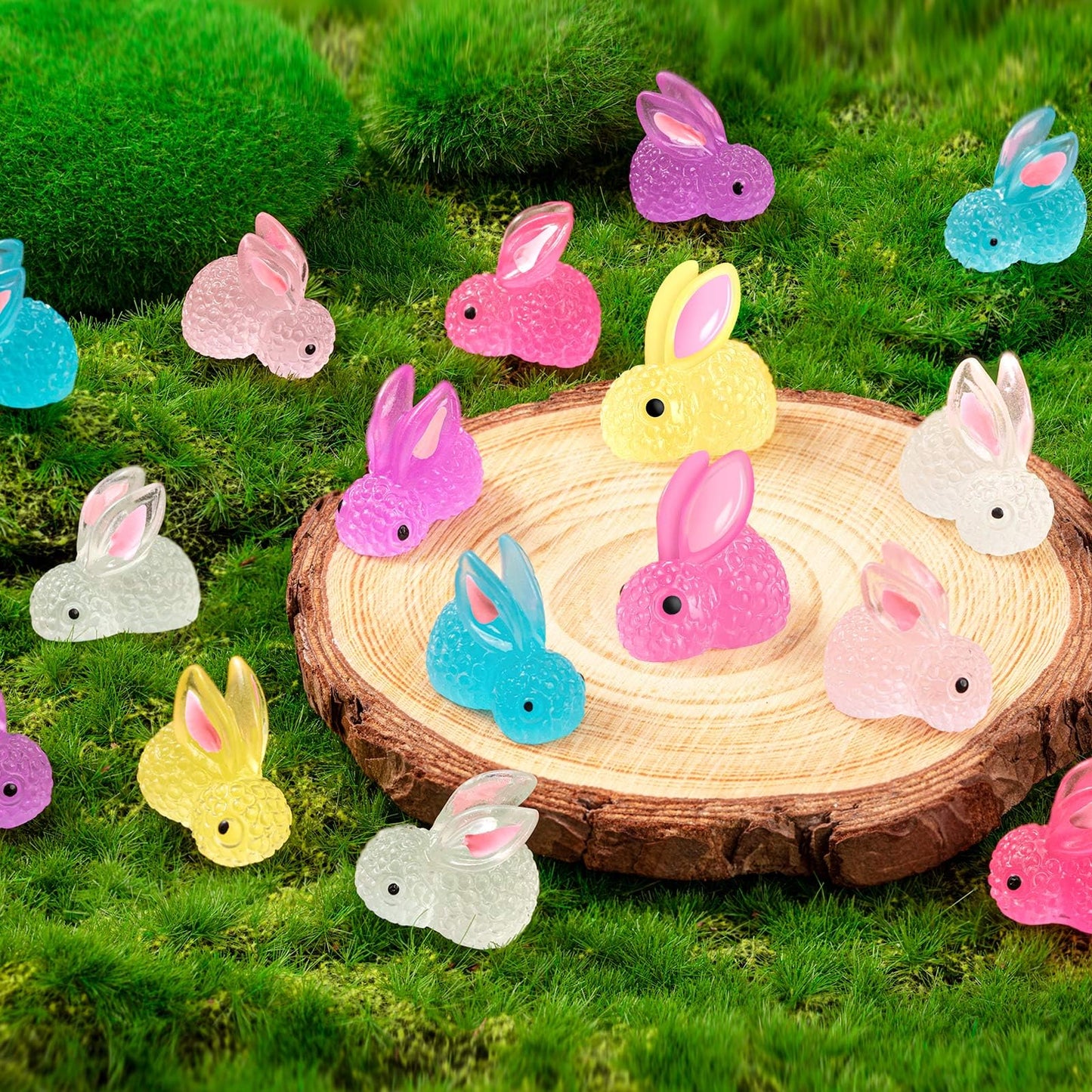 HFAYDZSW 120Pcs Luminous Mini Resin Bunny, Miniature Bunny Figurines, Glow in The Dark Tiny Rabbit Ornament for Garden Landscape