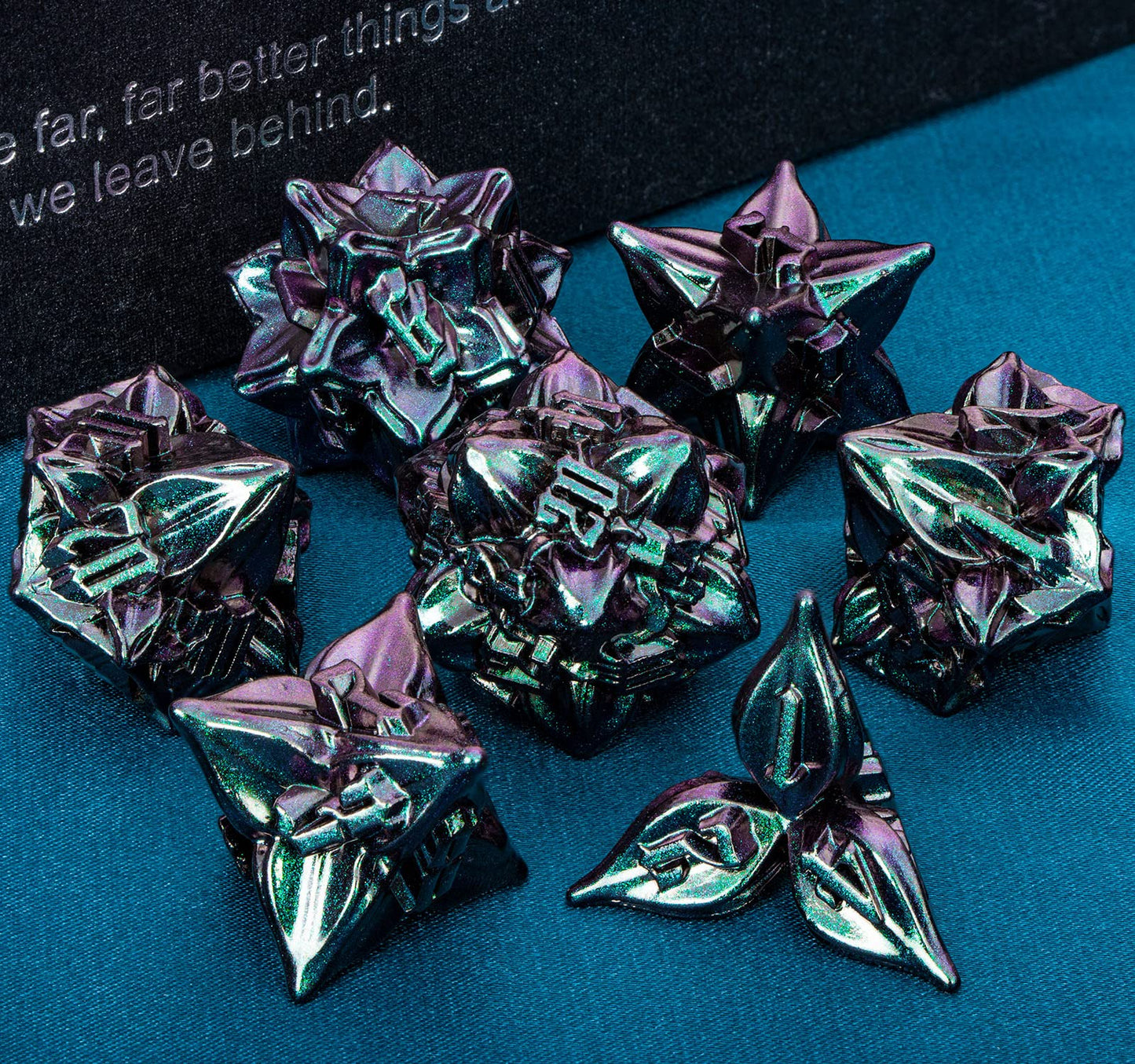 ARUOHHA DND Metal Dice Set Purple Green Dungeons and Dragons Dice with Box, 7PCS Leaf Design D&D Dice Handmade Polyhedral Dice R