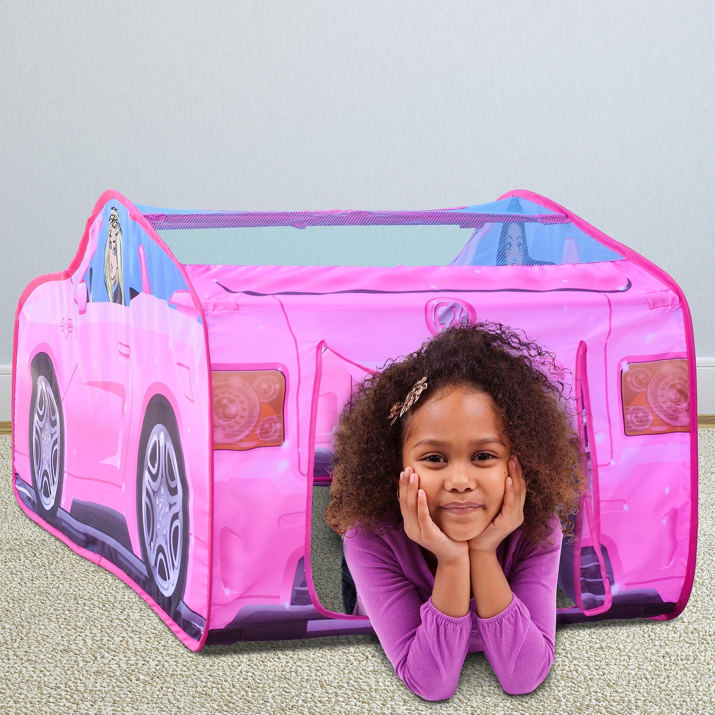 Barbie Convertible Pop Up Tent - Pink Princess Playhouse Car Toy with Sounds & Key Fob, Indoor and Outdoor Play