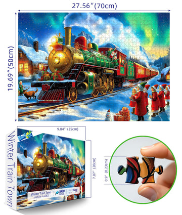 Christmas Train 1000 Piece Puzzle for mature-themeds - Vintage Winter Holiday Jigsaw Puzzles with Northern Lights Scene - Challenging mature-themed Christmas Puzzles for Game Night Seasonal Decor