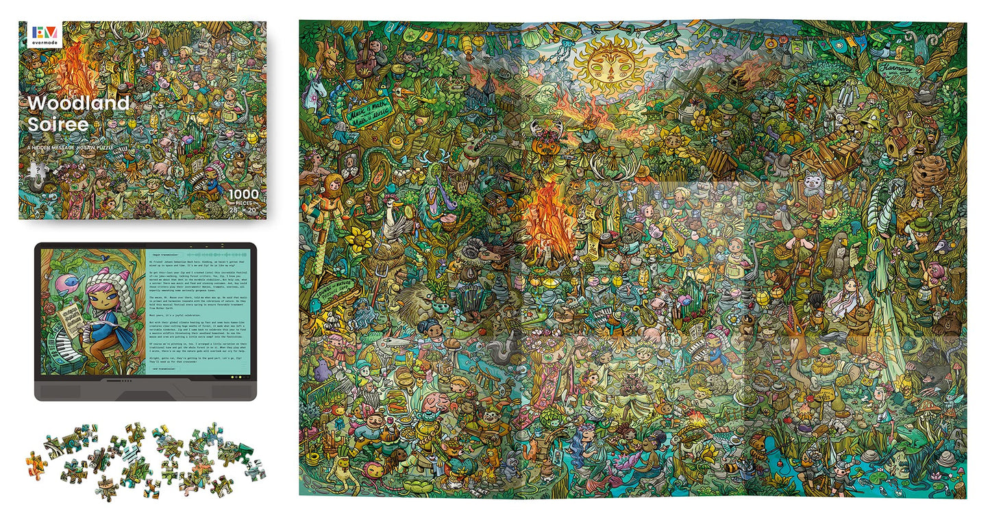 Woodland Soiree By Evermade - A Hidden Message Mystery Jigsaw Puzzle - 1000 Pieces, Beautifully Detailed 20'' X 28'' Frameable Art