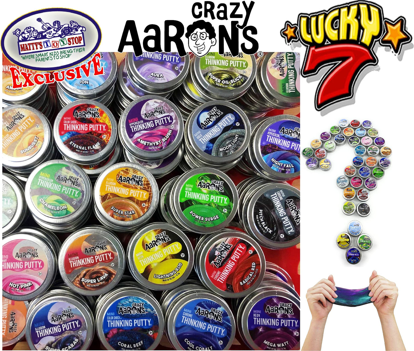 Matty'S Toy Stop Crazy Aaron'S Putty Mini Tins Lucky 7 Surprise Gift Set Party Bundle - 7 Pack (.47Oz Each) Assorted Colors