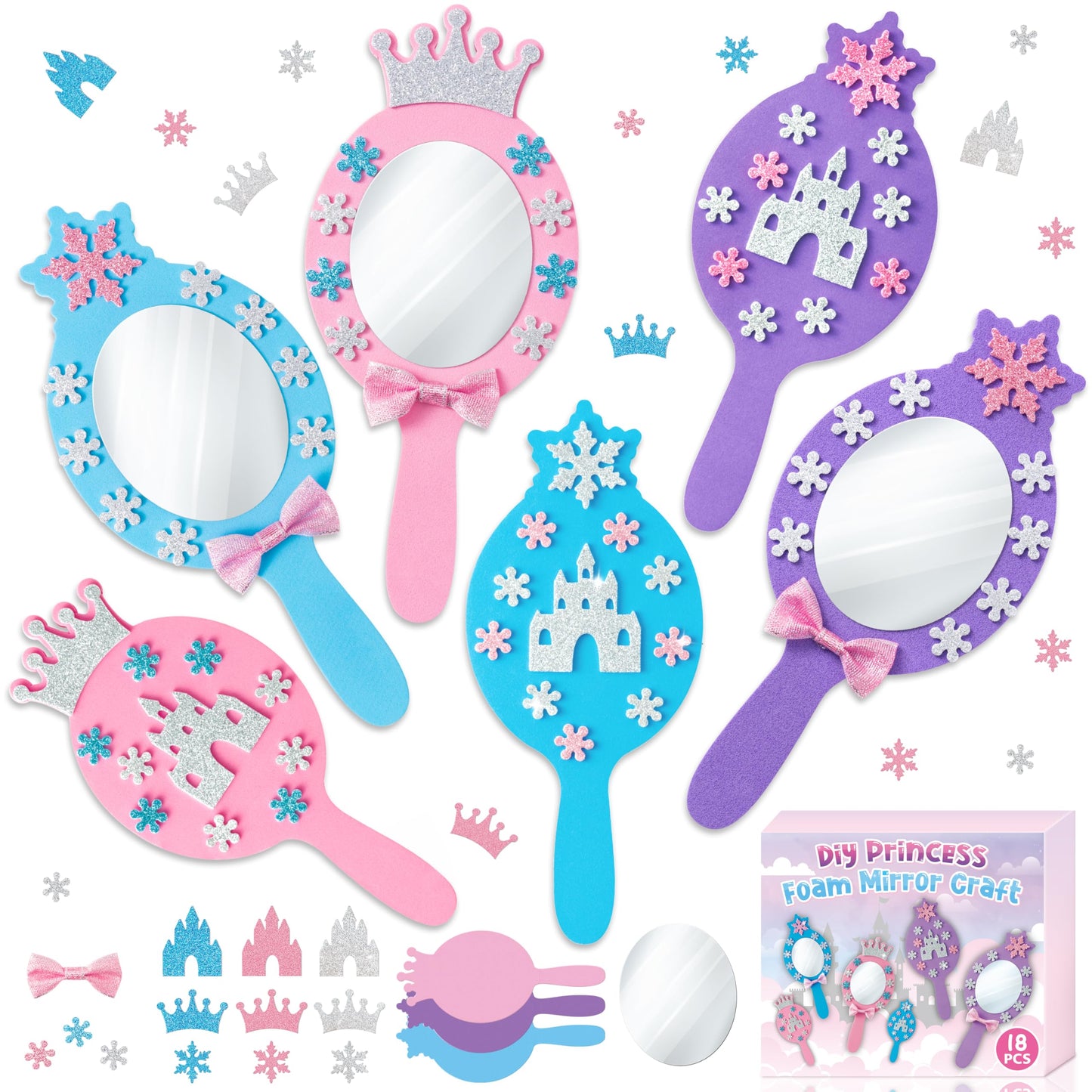 BeYumi Princess Foam Mirror Craft - 18 Pack DIY Decorate Your Own Princess Mirror Craft Kits for Kids Unbreakable Kids Mirrors f