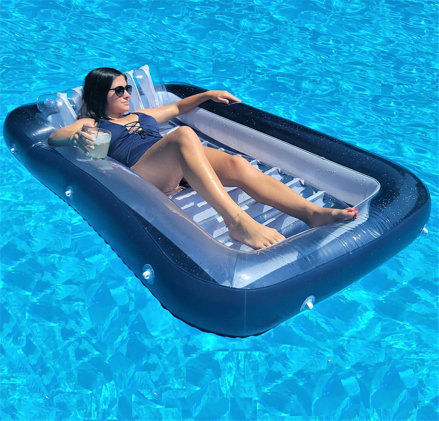 Galvanox Inflatable Tanning Pool Lounger With Pillow | Large Blow Up Floating Bed Raft 70'X49' (Navy Blue)