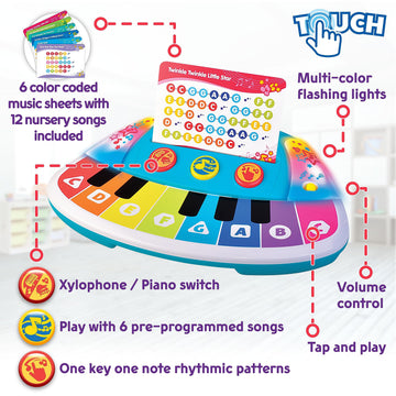 HAP-P-KID Magic Touch Baby Piano - Multicolored Toddler Music Toy, Small Plastic Infant Musical Instrument for 9-36 Months