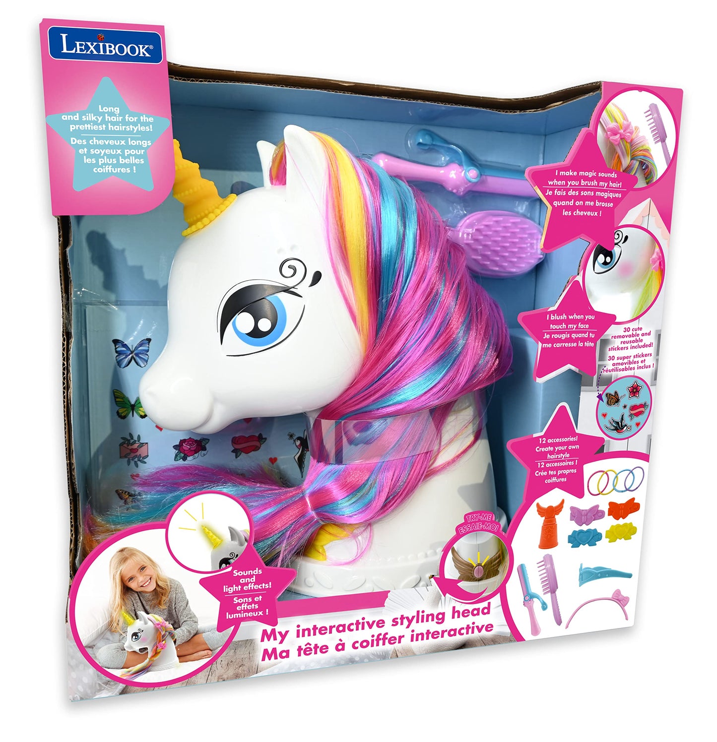 Lexibook - Interactive Style Head Unicorn To Sublimate, Long And Silky Hair, Interactive, Magic Musics With Set Of Accessories, For Kids 3+ - Shuni