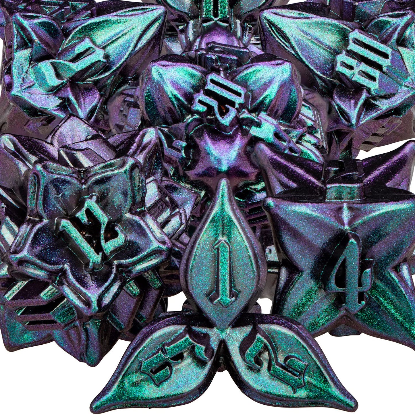 ARUOHHA DND Metal Dice Set Purple Green Dungeons and Dragons Dice with Box, 7PCS Leaf Design D&D Dice Handmade Polyhedral Dice R