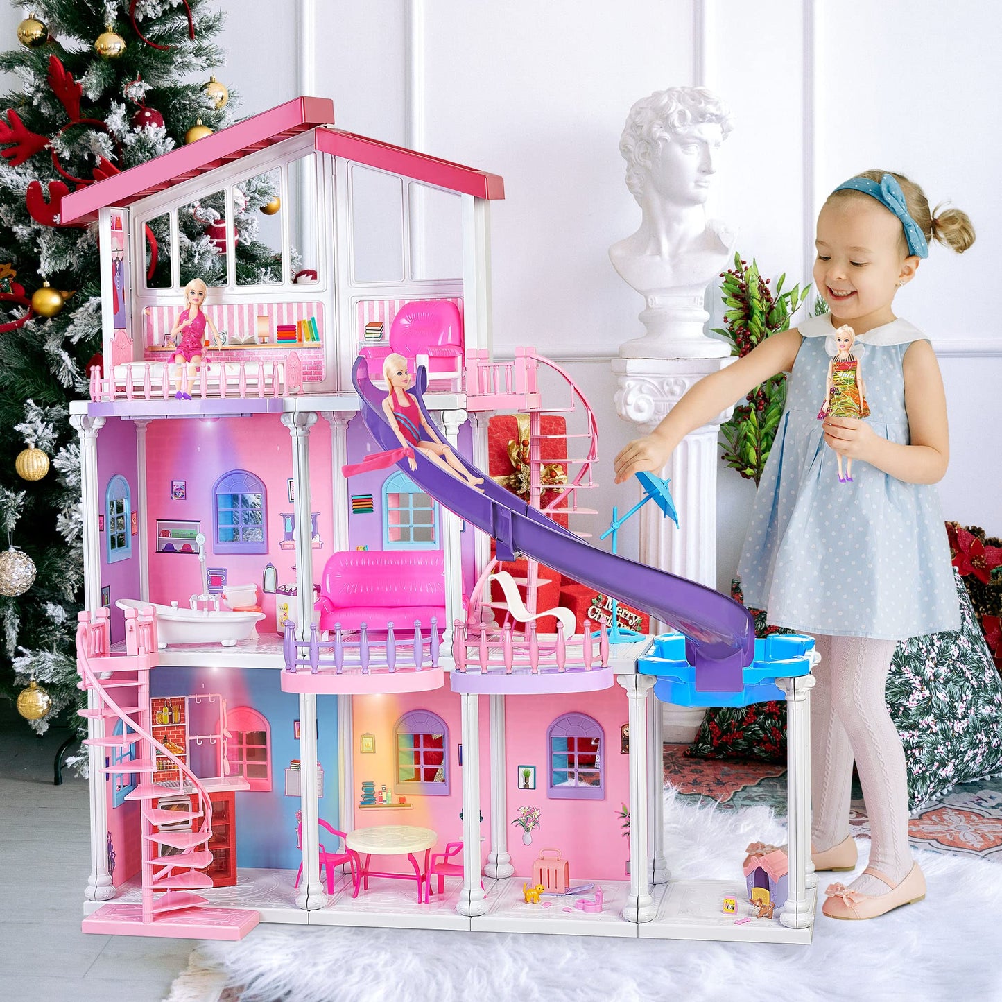 Bettina Large Plastic Dollhouse, 4 Ft Tall Dreaming Doll House With 15+ Furnitures & Accessories, 3-Story Playhouse Dolls House