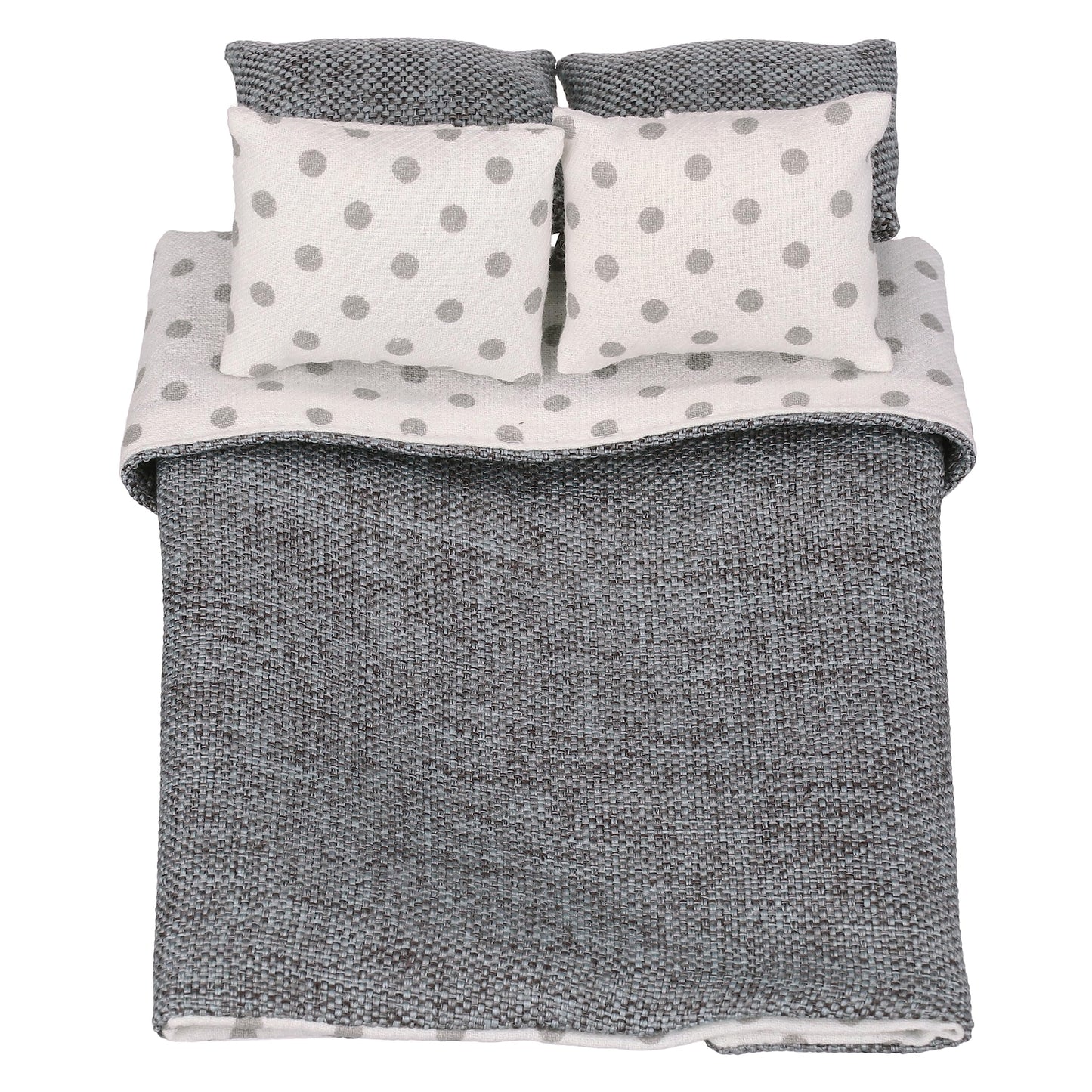 Dollhouse Bedding, 5 Piece Set With Comforter & Pillows, Blanket, Realistic Bedroom Accessories For 6 Inch Dolls, 1/12 Scale, Gray And White Linen