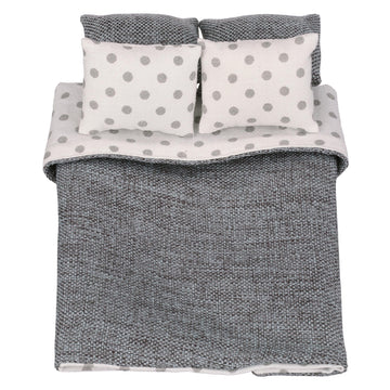 Dollhouse Bedding, 5 Piece Set With Comforter & Pillows, Blanket, Realistic Bedroom Accessories For 6 Inch Dolls, 1/12 Scale, Gray And White Linen