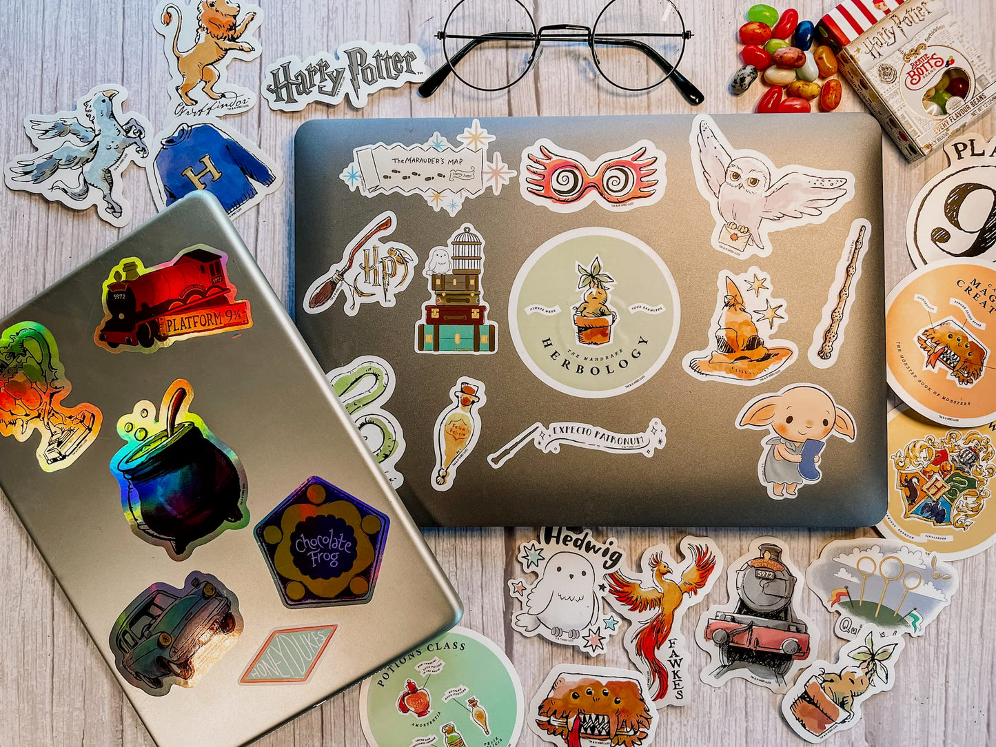 CON*QUEST Harry Potter Watercolor Vinyl Stickers, 60-Pack, Waterproof, UV & Scratch Resistant, White Vinyl, Officially Licensed