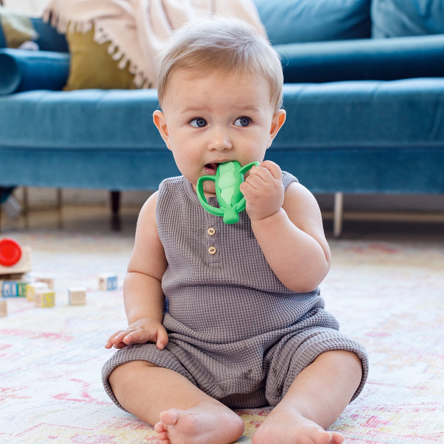 Infantino Lil' Nibbles Textured Silicone Teether -Sensory Exploration And Teething Relief With Easy To Hold Handles, Green Pea Pod