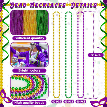 120PCS Mardi Gras Beads, 33'' Beaded Necklace, Purple Gold Green Mardi Gras Accessories, Party Costume Necklaces Parade Throws W