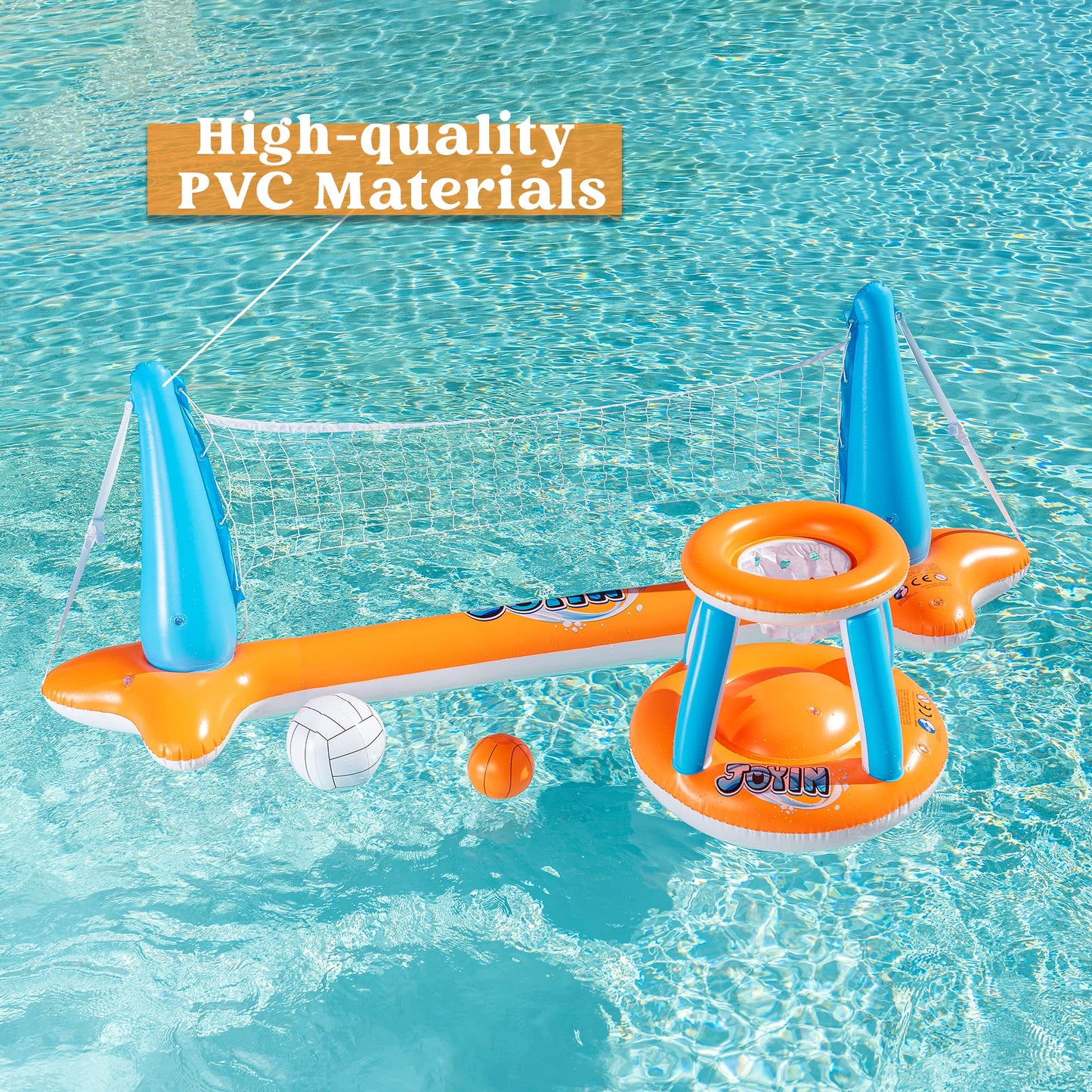 Joyin Inflatable Pool Float Set Volleyball Net & Basketball Hoops, Floating Swimming Game Toy For Kids And Adults, Summer Floaties, Volleyball Court (105”X28”X35”)|Basketball (27”X23”X27”),L-Orange